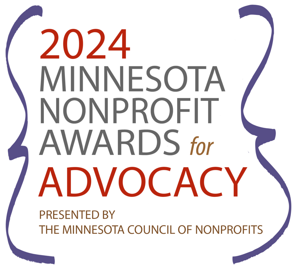 Logo for 2024 Minnesota Nonprofit Mission Awards for Advocacy Initiative with purple graphic surrounding text