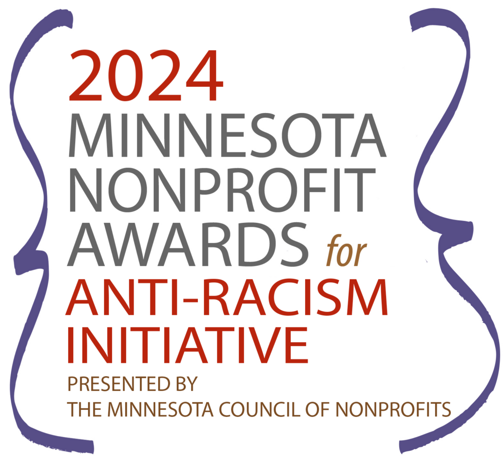Logo for 2024 Minnesota Nonprofit Mission Awards for Anti-Racism Initiative with purple graphic surrounding text
