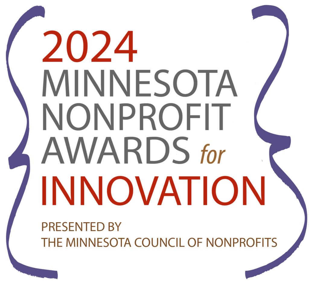 Logo for 2024 Minnesota Nonprofit Mission Awards for Innovation with purple graphic surrounding text