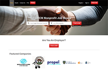 Screenshot of MCN job board website with image of two hands shaking and several employer logos