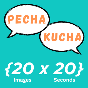 Pecha Kucha graphic featuring two speech bubbles and the description of 20 images and 20 seconds