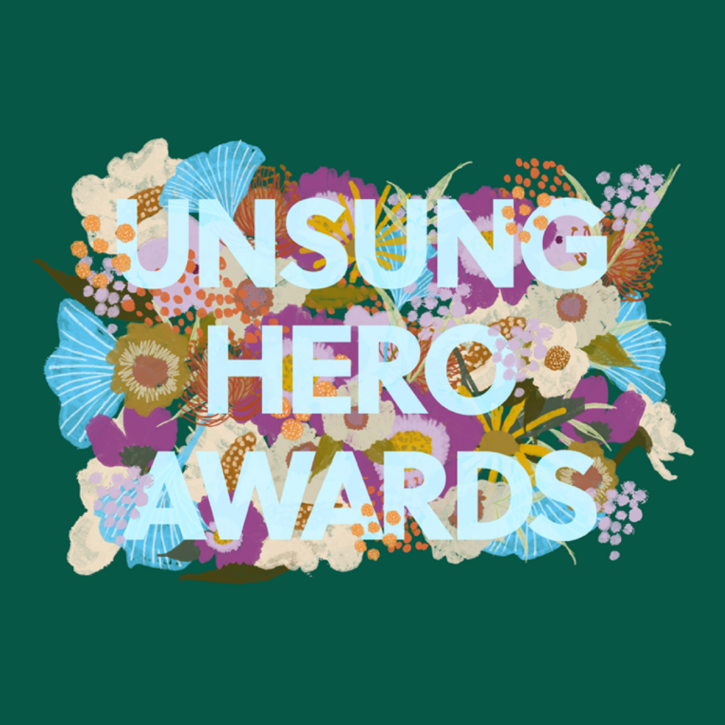 Virginia McKnight Binger Unsung Hero Awards logo over an array of flowers and a green background