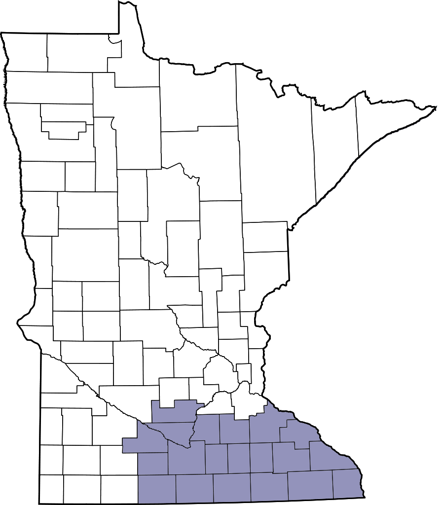 A map of Minnesota with the Southeast region highlighted