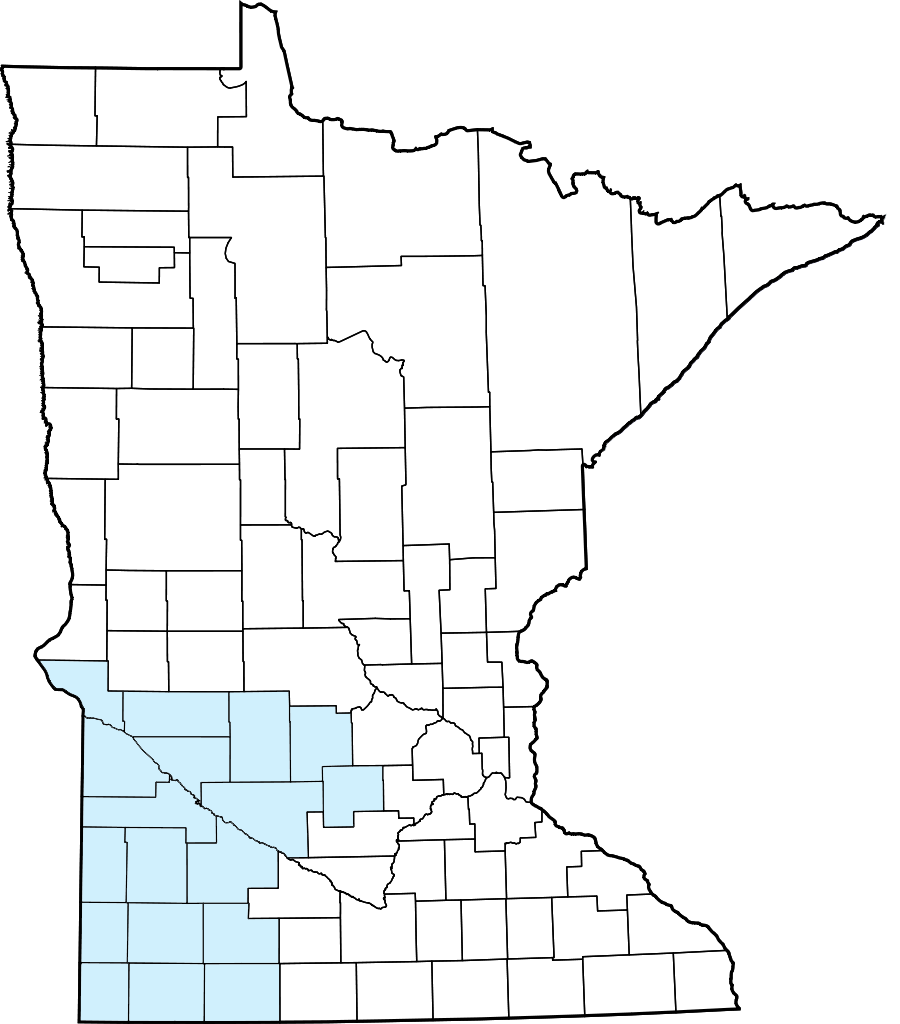 A map of Minnesota with the Southwest region highlighted