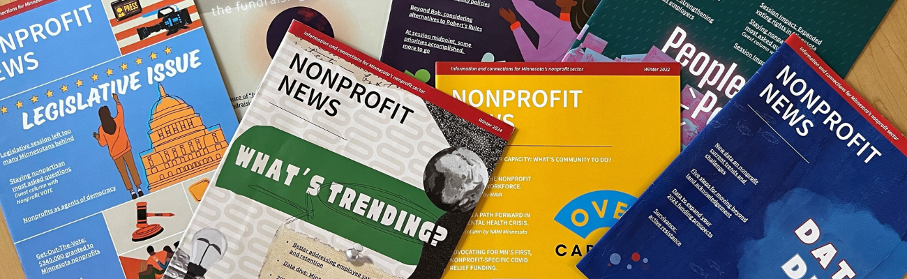 Collection of issues of Nonprofit News spread out randomly