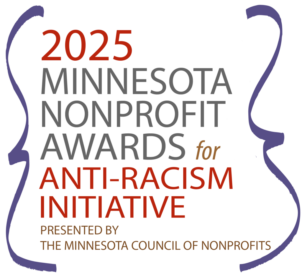 Logo for 2025 Minnesota Nonprofit Mission Awards for Anti-Racism Initiative with purple graphic surrounding text