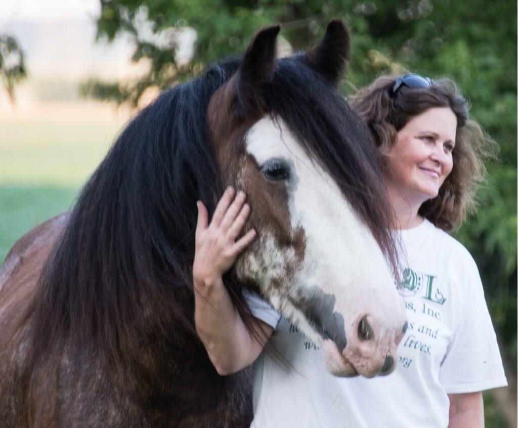 A woman stands next to a brown and white horse.