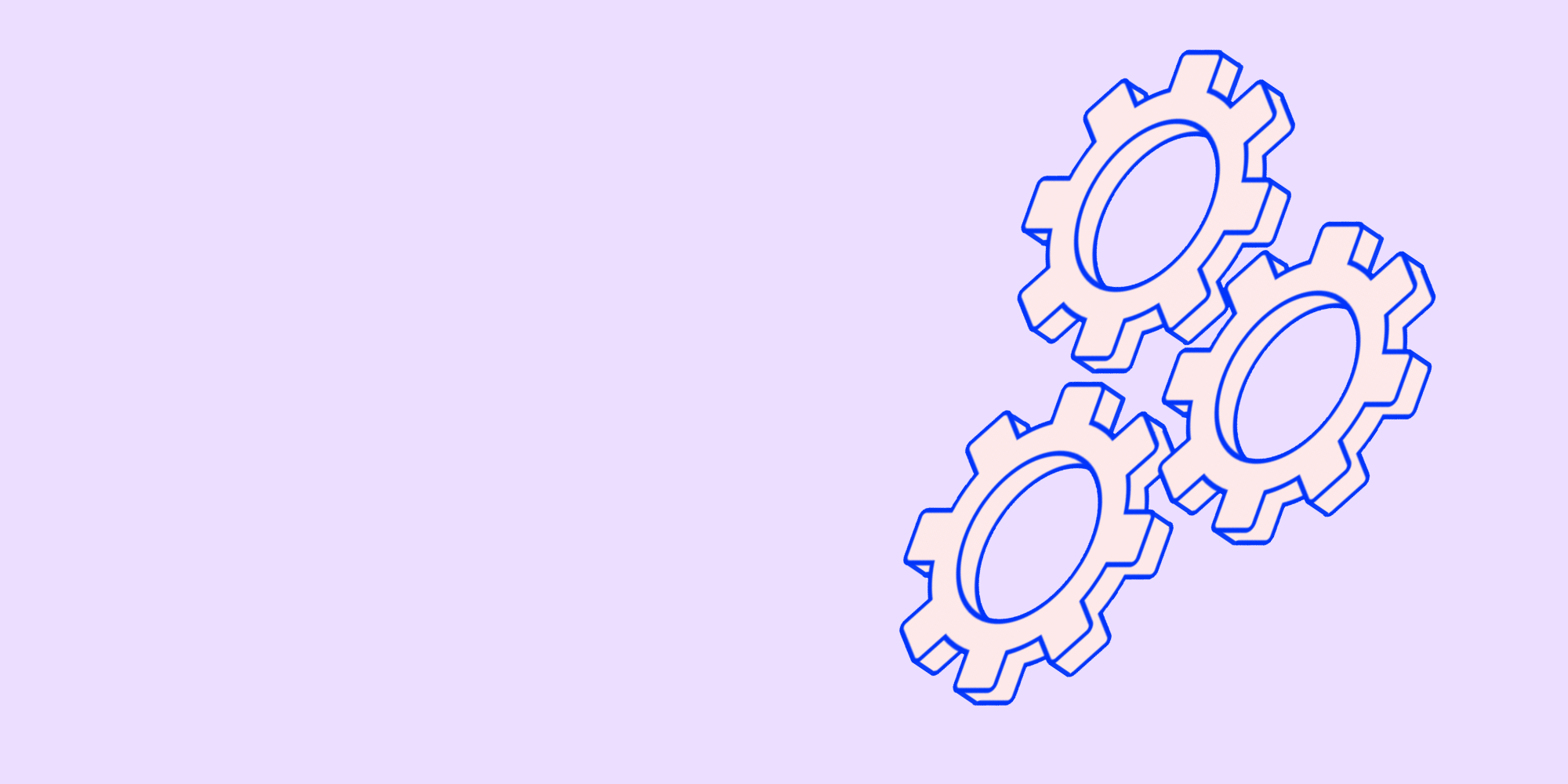 Light purple background with three gears outlined in navy blue on the right third of the image.