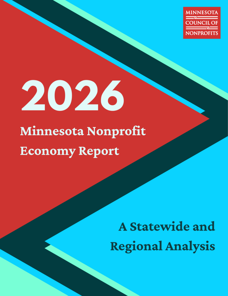 A red and blue cover with the text: 2026 Minnesota Nonprofit Economy Report. A Statewide and Regional Analysis